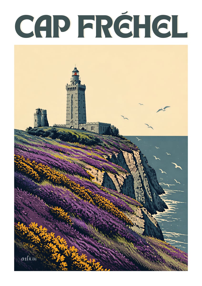 Affiche du cap Fréhel — la lande en fleur et le phare, en six teintes