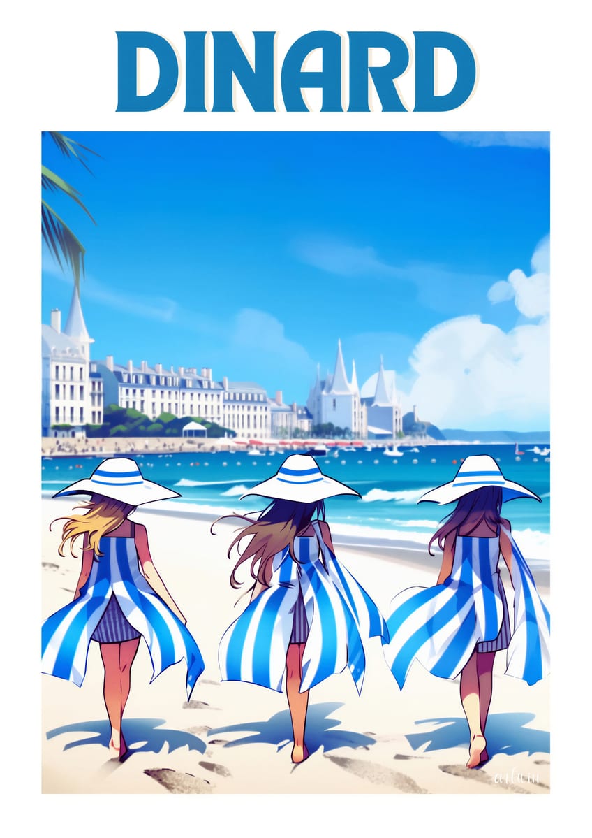 Affiche de Dinard — trois promeneuses en robes rayées sur la grande plage