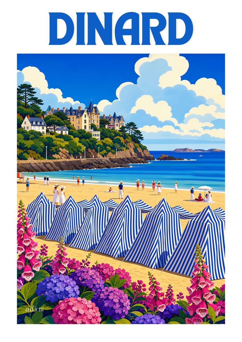 Affiche de Dinard — les tentes rayées de la plage de l'Écluse et les hortensias