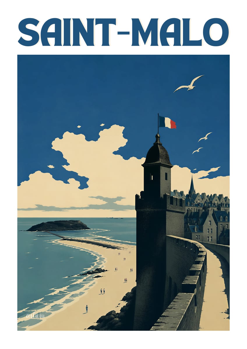 Affiche de Saint-Malo — la tour des remparts et la grève, en six teintes